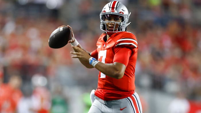 Ohio State quarterback C.J. Stroud OR looks for a receiver during the second half of the team's NCAA college football game against Toledo on Saturday, Sept. 17, 2022, in Columbus, Ohio. (AP Photo/Jay LaPrete)